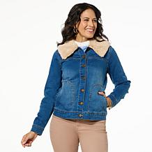 DG2 by Diane Gilman New Classic Stretch Denim Faux Fur Trimmed Jacket