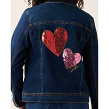 DG2 by Diane Gilman New Classic Stretch Heart-Embellished Denim Jacket