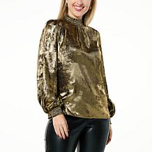DG2 by Diane Gilman Puff-Sleeve Mock-Neck Satin Top