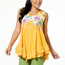 DG2 by Diane Gilman Slub Knit Placed Print Ruffled-Hem Tank