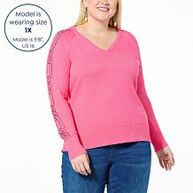 DG2 by Diane Gilman SoftEase Knit Rhinestone V-Neck Sweater