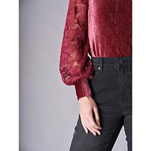 DG2 by Diane Gilman Velvet Knit Embroidered Tulle Sleeve Mock-Neck Top