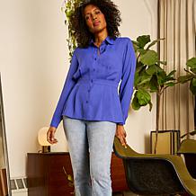 DG2 by Diane Gilman Woven Crepe Button-Up Peplum Top