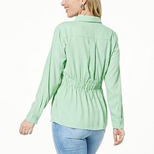 DG2 by Diane Gilman Woven Crepe Button-Up Peplum Top