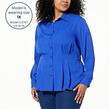 DG2 by Diane Gilman Woven Crepe Button-Up Peplum Top