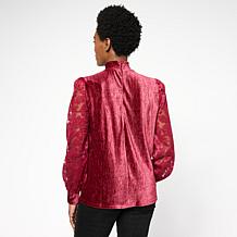 Diane Gilman Embroidered Tulle Sleeve Mock Neck Top