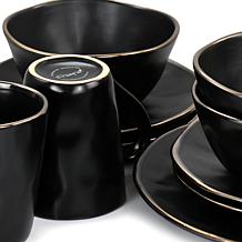 Elama Modern 16pc Stoneware Dinnerware Set in Matte Black w/ Gold Rim