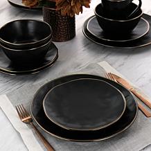 Elama Modern 16pc Stoneware Dinnerware Set in Matte Black w/ Gold Rim