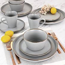 Elama Paul 16pc Stoneware Dinnerware Set in Matte Slate with Gold Rim