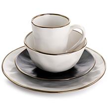 Elama Roman 16Pc Stoneware Dinnerware Set, Assorted Matte w/ Gold Rim