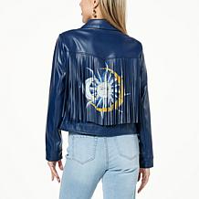 G by Giuliana Black Label Faux Leather Graphic Fringe Jacket