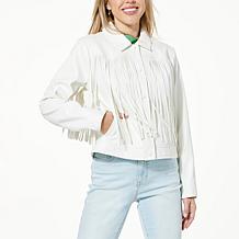 G by Giuliana Black Label Faux Leather Graphic Fringe Jacket