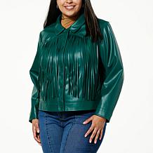 G by Giuliana Black Label Faux Leather Graphic Fringe Jacket