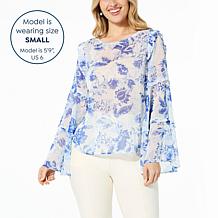 G by Giuliana Black Label Printed Chiffon Bell-Sleeve Top