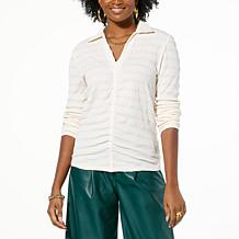 G by Giuliana Jacquard Knit Collared Ruched Front Shirt