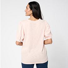 G by Giuliana Ruffle Neck Knit Top with Puff Sleeves