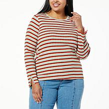 G by Giuliana Striped Rib Knit Long Slit Sleeve Top