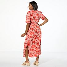 G by Giuliana Woven Embroidered Puff-Sleeve Midi Dress