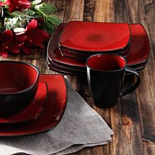 Gibson Soho Lounge 16Pc Square Stoneware Dinnerware Set, Red and Black