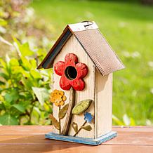 Glitzhome 10.25" Distressed Solid Wood Birdhouse with Flower