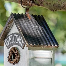 Glitzhome 11" Washed White Rustic Birdhouse with Welcome Sign