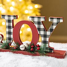 Glitzhome 11.5in. L Christmas Wooden Plaid JOY Table Decor