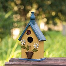Glitzhome 12.25" Distressed Yellow Birdhouse with Bee & Flower Accents