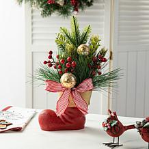 Glitzhome 14" Red Boot with Pine Needle & Berry Centerpiece