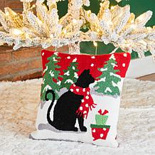 Glitzhome 14in L Hooked Christmas Cat Pillow