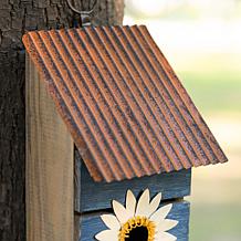 Glitzhome 15" Rustic Washed-Blue Birdhouse with Metal Daisy Accents