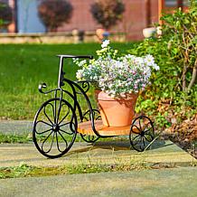 Glitzhome 18" Metal Tricycle Planter Stand w/ Natural Solid Wood Tray