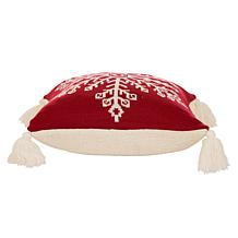 Glitzhome 18in Knitted Snowflake Acrylic Red Pillow Cover with Tassels