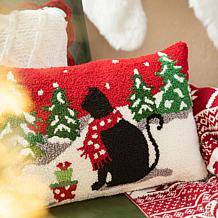 Glitzhome 18in. L Hooked Christmas Cat Pillow