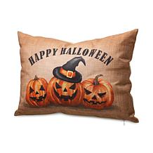 Glitzhome 18in.L Faux Burlap Happy Halloween Pumpkin Pillow