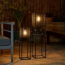 Glitzhome 2-pc. Metal Cutout Solar Powered Edison Bulb Floor Lanterns