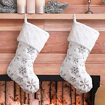 Glitzhome 2-pk 21" White Plush Snowflake Christmas Stocking