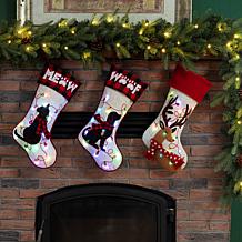 Glitzhome 21" L LED Embroidered Linen Cat Christmas Stocking