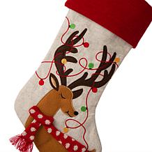 Glitzhome 21" L LED Embroidered Linen Reindeer Christmas Stocking