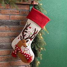 Glitzhome 21" L LED Embroidered Linen Reindeer Christmas Stocking