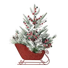 Glitzhome 21" Red Christmas Sleigh Frosted Floral Centerpiece