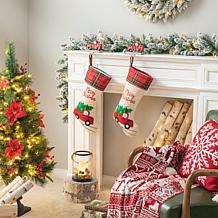 Glitzhome 21in. H Embroidered Linen Christmas Red Truck Stocking