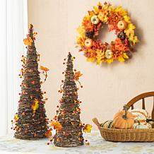 Glitzhome 24" 2-pc. Fall Rattan Berries and Maple Leaves Table Tree