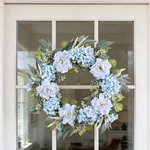 Glitzhome 24" Blue Peony & Hydrangea Floral Wreath with Hanger