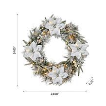 Glitzhome 24" D LED Flocked Greenery Pine Poinsettia Christmas Wreath