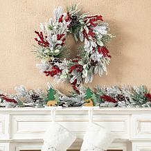 Glitzhome 24"D Flocked Pinecone & Berry Christmas Wreath