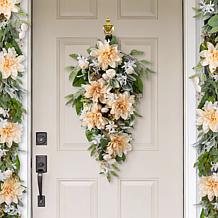 Glitzhome 28" Floral Teardrop with Peach Dahlias and Green Leaves