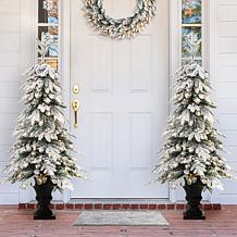 Glitzhome 2pk 5' Flocked Fir Artificial Christmas Tree in Urn w/Lights