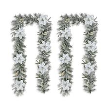 Glitzhome 2pk 9' Flocked Pine Poinsettia Garland with White LED Lights