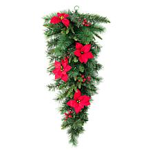 Glitzhome 3' Pine Poinsettia & Red Berries Christmas Teardrop Swag