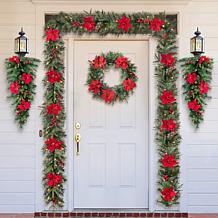 Glitzhome 3' Pine Poinsettia & Red Berries Christmas Teardrop Swag
